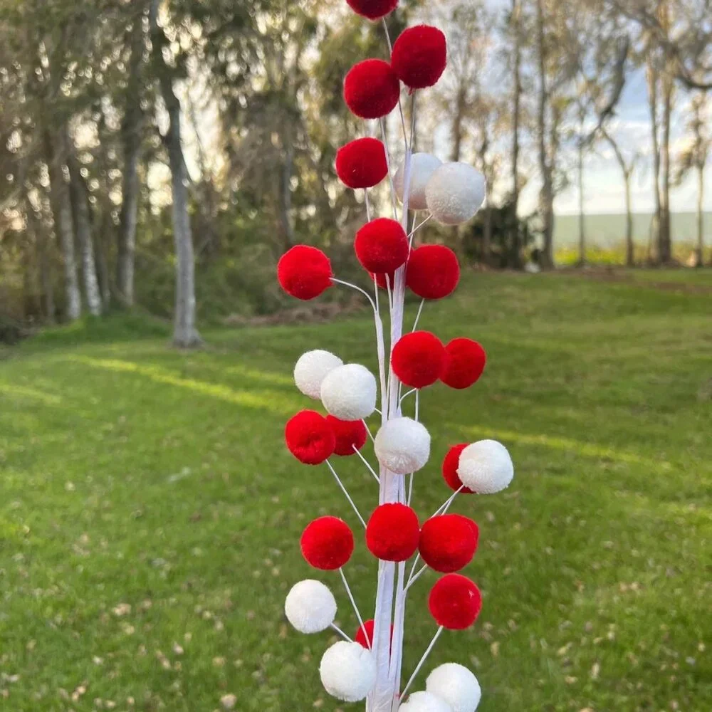 Extra Long 32-inch Red & White Pom Pom Spray - Festive Christmas Tree Decoration